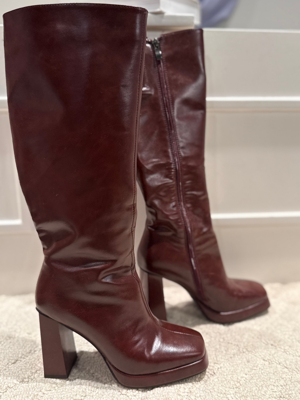 Burgundy Knee High Platform Boots Square Toe Block Heel Size 6